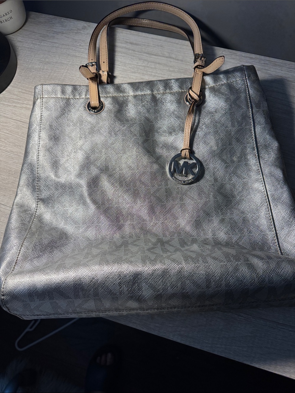 Michael Kors Silver Tote with Tan Leather Handles